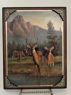 Vtg Foil Print Art Picture Deer Buck Doe Fawn Mountain Epoxy Wood 9x7  Metallic • $19.99