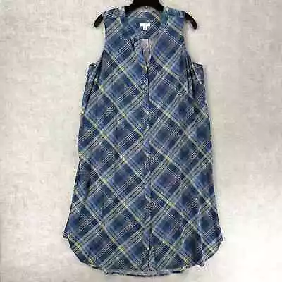 J. JILL Shirt Dress Womens LARGE Blue Plaid Sleeveless Pockets Rayon Madras • $24.99