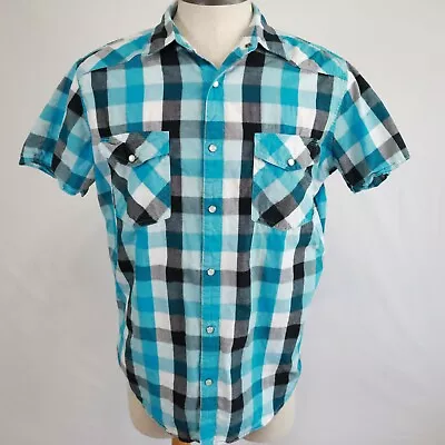 J. Ferrar Shirt Mens Large Modern Fit Pearl Snap Western Blue Check Short Sleeve • $7.99
