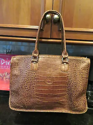 Longchamp Brown Croc Pattern  Leather Trim Briefcase Portfolio Hand Bag 16x11x6  • $99.99