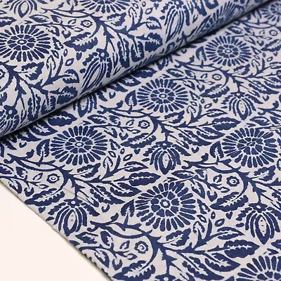 Cotton Voile Fabric - Indian Hand Block Print - Indigo - Dress Fabric • £6.49