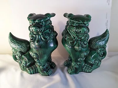 A Pair Of Vintage Hand Painted Emerald Green Ceramic Foo Dogs  1975 • $50