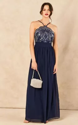 GODDIVA MAXI DRESS Navy Blue Prom Cocktail Party Wedding Halter Neck 10 💖 BNWT • £29.95