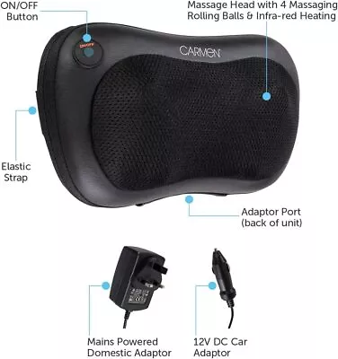 £29.95 • Buy Shiatsu Massage Pillow - By Carmen 4 Massage Roller Balls/Infrared Heat In Black