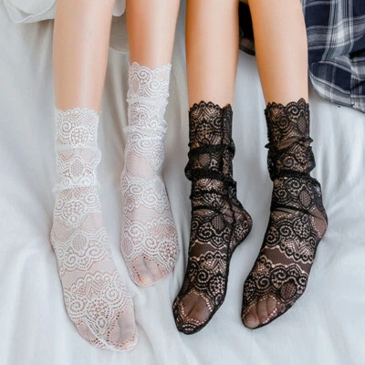 $1.91 • Buy 1Pair Women Lace Ruffle Crew Socks Transparent Mesh Sheer Lolita Fishnet Socks