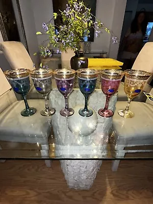 Vtg Murano Gold Rimmed Colored Glass Goblet Set 6 Wine Glasses Made In Italy • $250