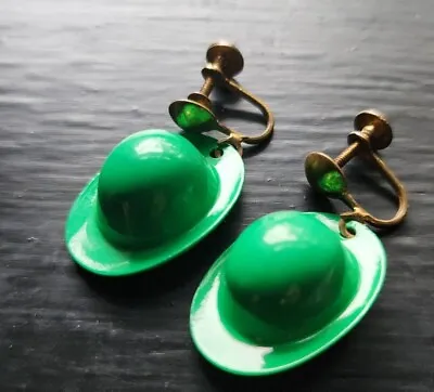 Earrings Vintage Irish Green Derby Hats Screw Back Dangle • $25