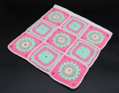 Handmade Patchwork Crocheted Cushion (14x13 ) Double-sided Flowers & Squares • £6.99