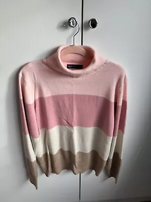 M&S COLLLECTION Ladies Pink  & Cream  & Brown Polo Neck Jumper Size 12 UK • £5