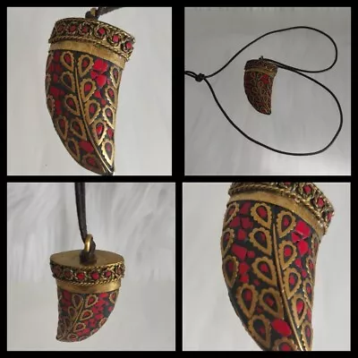 Tibetan Brass Horn With Intricate Red Coral Mosaic Design Pendant Leather Chain • £20