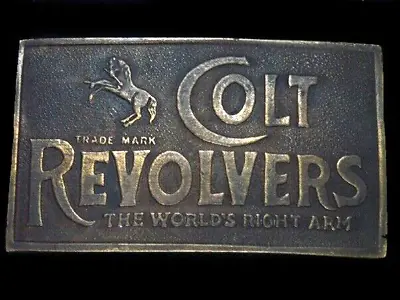 TE11132 VINTAGE 1970s **COLT REVOLVERS THE WORLD'S RIGHT ARM** BELT BUCKLE • $25