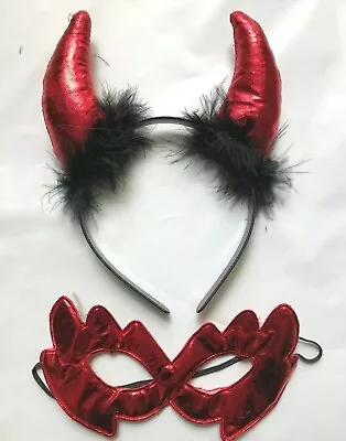 Halloween Devil Horns Headband & Mask Hen Deluxe Ladies  Fancy Dress Party UK • £4.50