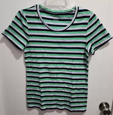 J Crew Women's Short Sleeve Round Neck Perfect Fit Tee Shirt Top Green Striped L • $12.74