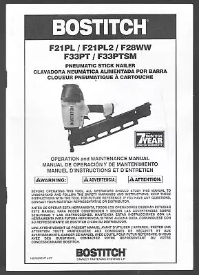 Bostitch Pneumatic Stick Nailer Operating Manual F21PL & PL2 F28WW Multi Lingual • $5.99