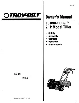 Owner’s Manual Troy-Bilt 7 HP Rear Tine Tiller ECONO-HORSE - Model 12185 • $19.95