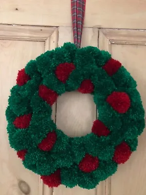 Green & Red Christmas Pompom Wreath Handmade • £12