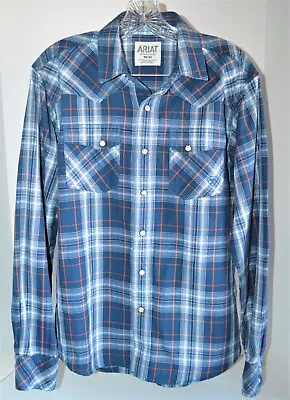 Ariat Mens Shirt Medium Western Pearl Snaps Long Sleeve Blue Red White Plaid • $20