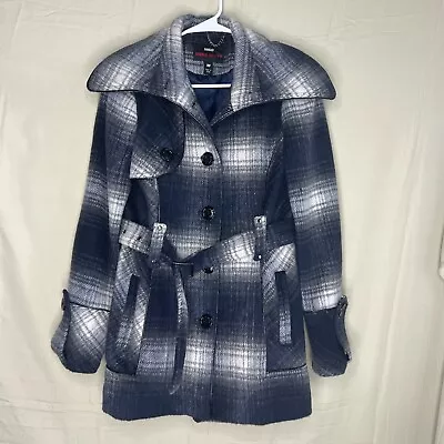 M60 Miss Sixty Plaid Jacket Medium Peacoat Belt Blue Gray Plaid Wool Blend • $29.85