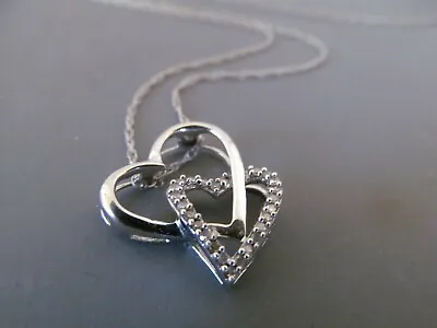 Vtg 10 Karat White Gold Diamond Double Heart Love Pendant 16-18  Necklace Gtr • $108