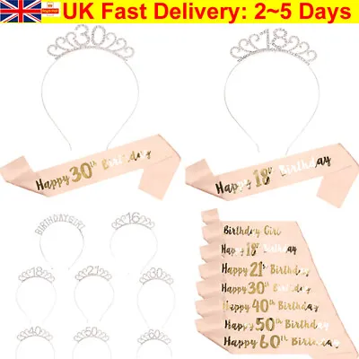 Happy Birthday Tiara Sash Set 16/18/21st/30/50/60th Rose Gold Girl Crown Party • £4.79