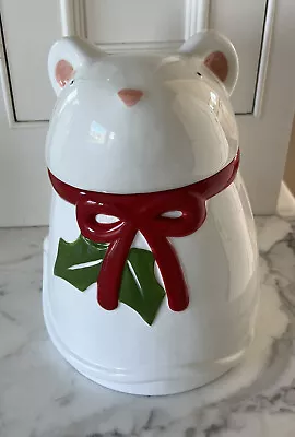 Vintage TAG Christmas Mouse  White Red Green Ceramic Cookie Jar Holiday Decor • $8