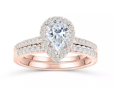 2Ct Pear Cut Moissanite Halo Bridal Set Engagement Wedding Ring In 14k Rose Gold • $674.99