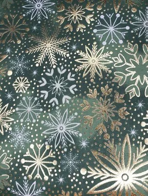 100% Cotton Holiday Christmas Large Snowflake On Green Gold Metallic Fabric FQ • $2.95