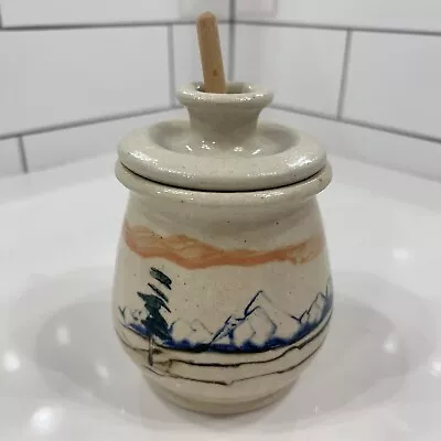 Vintage Honey Pot With Wooden Big Honey Dipper  Style Mountain Scene Pottery • $20