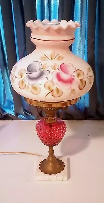 Vintage Cranberry Hobnail Hurricane Shade Table Parlor Lamp Marble Base • $49.99