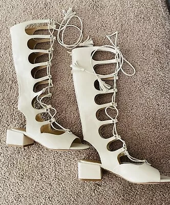 NEW Knee High White Faux Leather Lace-up Gladiator Block Heel Sandals JUSTFAB • $30