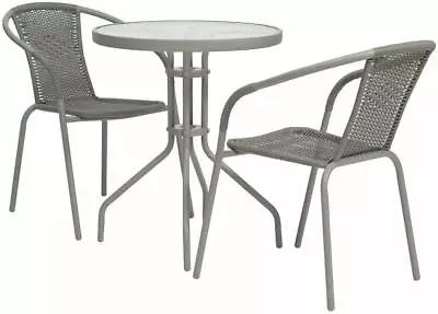 3 Piece Grey Rattan Bistro Set Table & Chairs Patio Outdoor Garden Furniture • £59.95