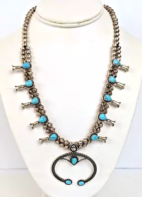 Vintage Sterling Silver Turquoise 20  Squash Blossom Necklace Signed QT 925 • $550