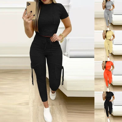 £19.29 • Buy Womens Short Sleeve Crop Tops Joggers Pants Sports Tracksuit Yoga Gym Loungewear