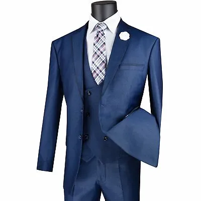 VINCI Men's Navy Blue Birdseye 3 Piece Modern Fit Suit W/ Contrast Trim NEW • $130