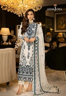 Pakistani Designer White Chiffon Suit Unstitched Shalwar Kameez With Lining • £31.99