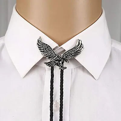 Western Bolo Tie For Men Silver Fly Eagle Cowboy Tie Black Leather Bolo Necklace • $11.98