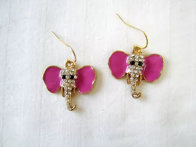 Betsey Johnson White Crystal Pink Enamel Elephant Ears Gold Hook Dangle Earrings • $9.95