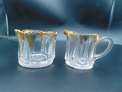 Vintage Pressed Glass Mini Open Sugar & Creamer Zipper Pattern Gold Trim • $14.99