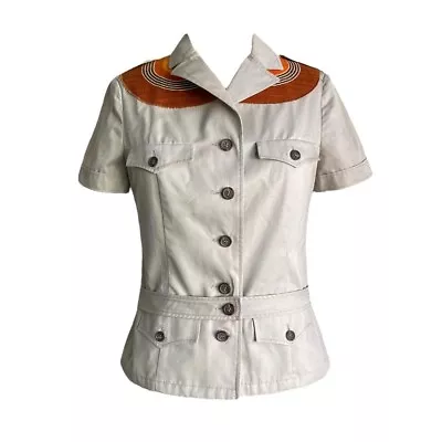 Miu Miu S/S2005 Woven Brown & Orange Short Sleeve Safari Blouse • $225