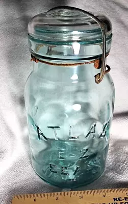 Vintage Atlas Green E-Z Seal Qt Canning Jar Wire Bale Glass Marked #8 • $10