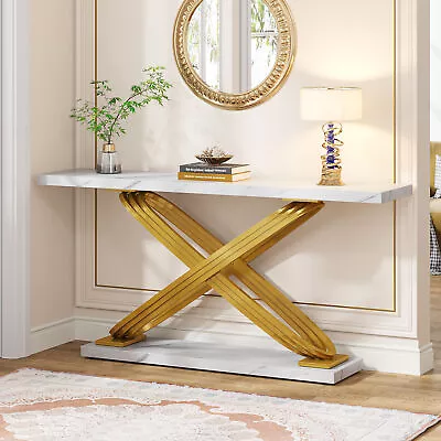 55  White Gold Entryway Table Modern Faux Marble Console Table With X-Shape Base • $144.68