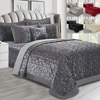 3PC Crushed Velvet Quilted Plush Bedspread Bed Throw Double King Size Bed Set • £5.99