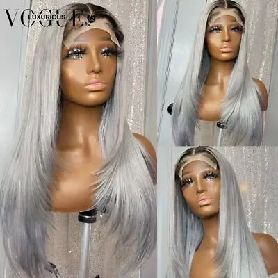 Ombre Silver Grey Lace Front Human Hair Wigs Indian Transparent Silky Straight • $277.17