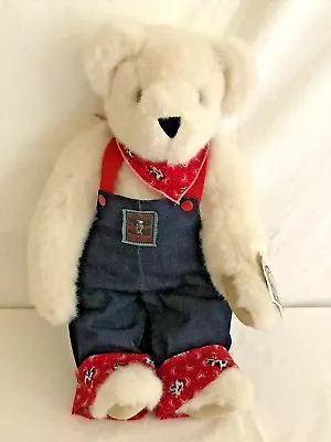 Vintage 1992 Vermont Teddy Bear White With Denim Overalls And Cow Print Scarf • $18