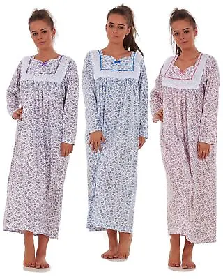 Women Nightwear Floral Print 100% Cotton Long Sleeve Long Nightdress M To XXXL • £10.95