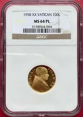 Italy - Vatican  Gold 100 Lire Pop Pius Xii Anno Xx 1958 Ngc Ms 64 Pl  Rare • $999.99