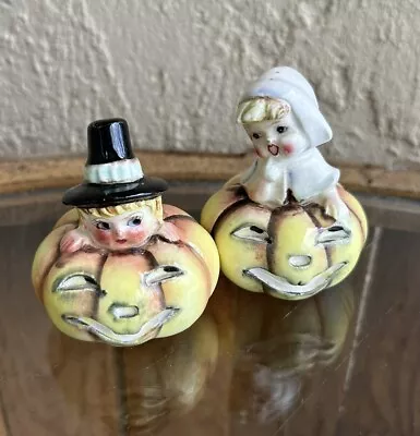 Vintage 1956 Lefton THANKSGIVING PILGRIMS In PUMPKINS Salt & Pepper Shakers RARE • $299