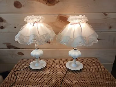 Vtg Pair 17  Milk Glass Boudoir Night Table Lamps W/Shades Pink Bow - No Bulbs • $42