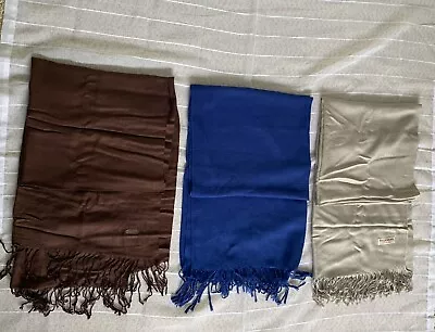 Pashmina Lot Of 3 Womens Scarf Shawl Dark Blue Brown Beige 100% Pashmina 68x28 • $24