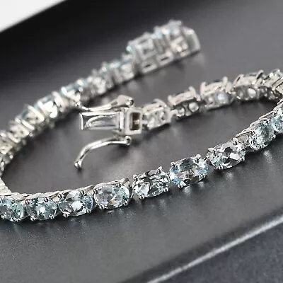 Oval Lab Created Aquamarine Diamond Women Tennis Bracelet 14K White Gold Finish • $155.99